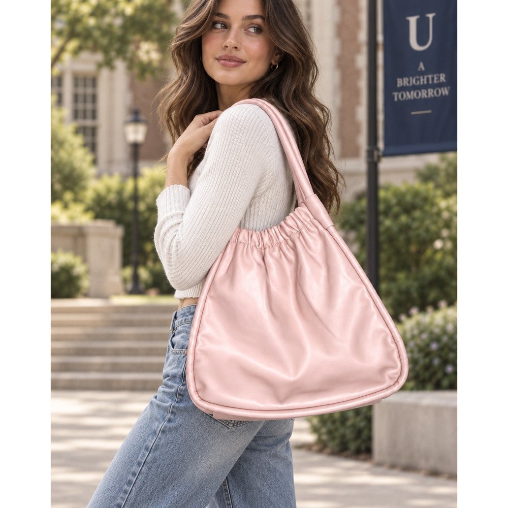 Lulu Dharma Pink  Leather Ruched Tote Bag Shoulder Purse Gold Hardware